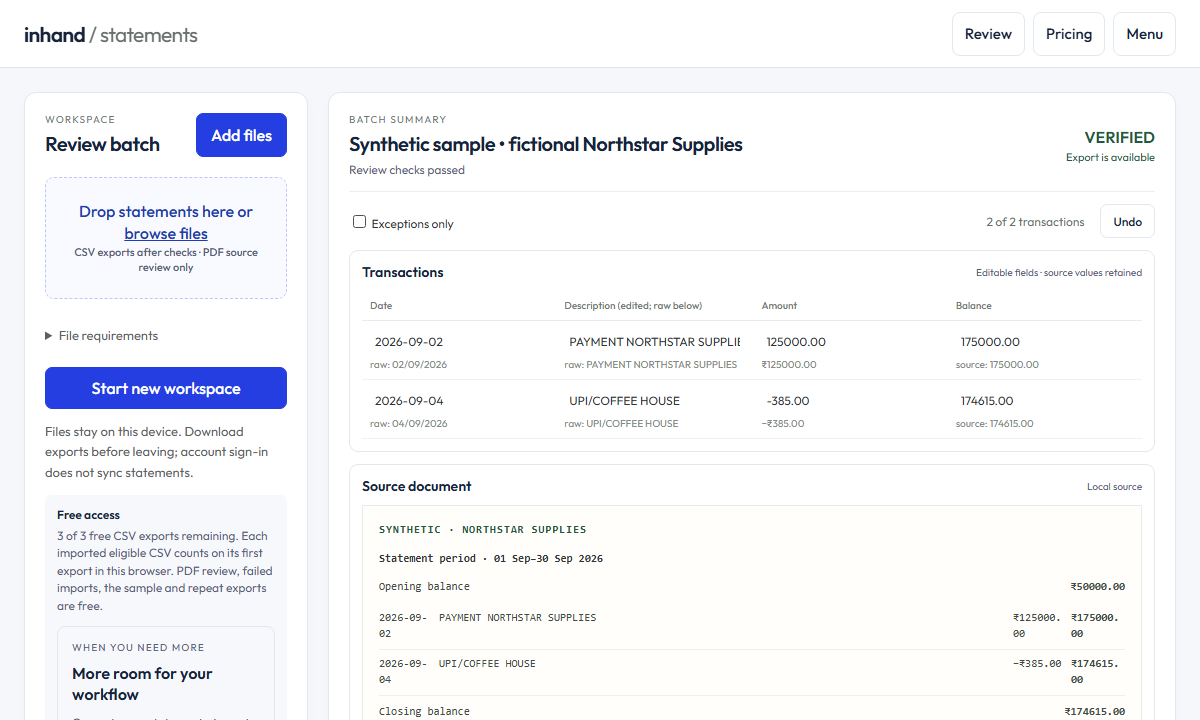 Actual Statement Studio interface showing fictional sample source rows and editable transactions